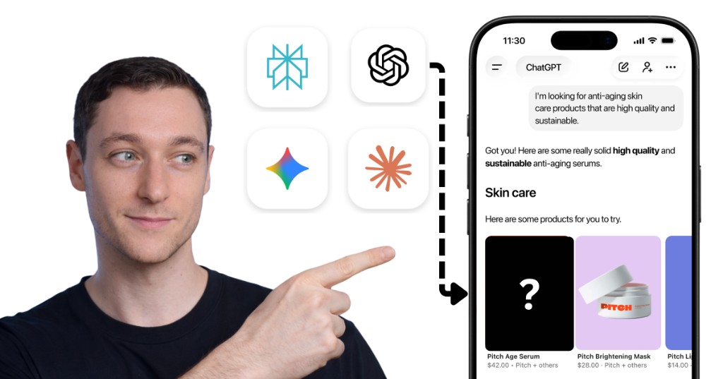 Ryan Katsnelson pointing from Perplexity, ChatGPT, Gemini and Claude toward a phone showing ChatGPT recommending skincare products